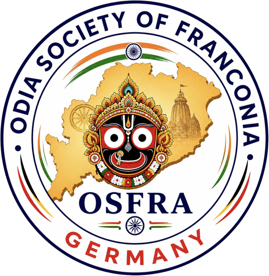 Emblem of the Odia Society of Franconia: Lord Jagannath within the map of Odisha, with the Konark wheel and temple
